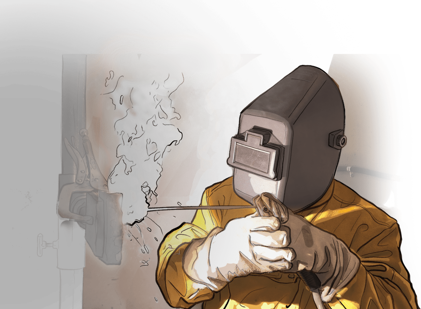 An illustration of a Summit College welding student learning hands-on transitioning into a more realistic photograph.