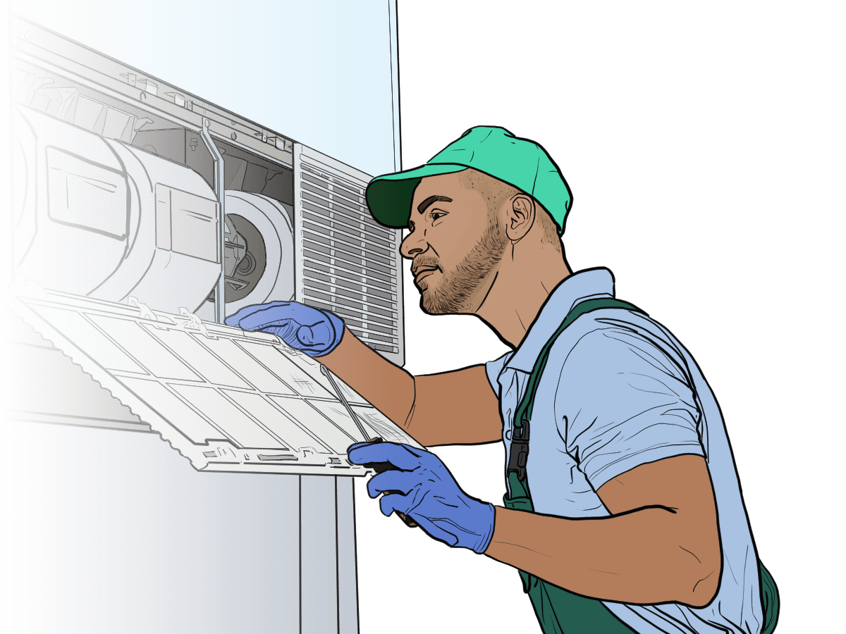 A colored-in sketch of an HVAC Technician working on an AC unit.