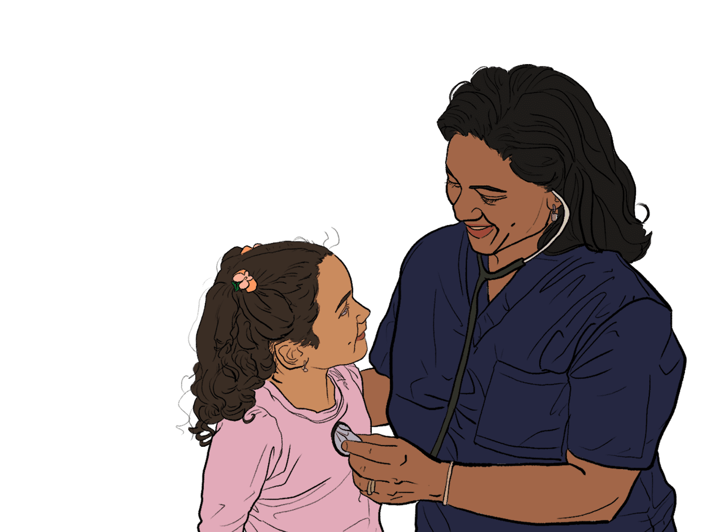 A colored-in sketch of a Medical Assistant listening to a child&#039;s heartbeat through a stethoscope.