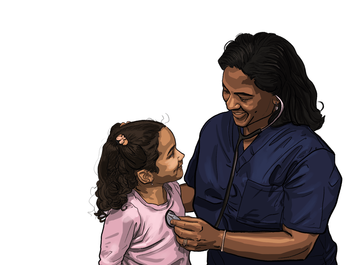 A sketch of a Medical Assistant listening to a child&#039;s heartbeat through a stethoscope, which is becoming more realistic.