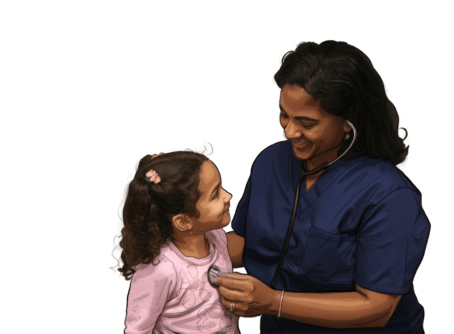 A sketch of a Medical Assistant listening to a child's heartbeat through a stethoscope, which is becoming more photorealistic.